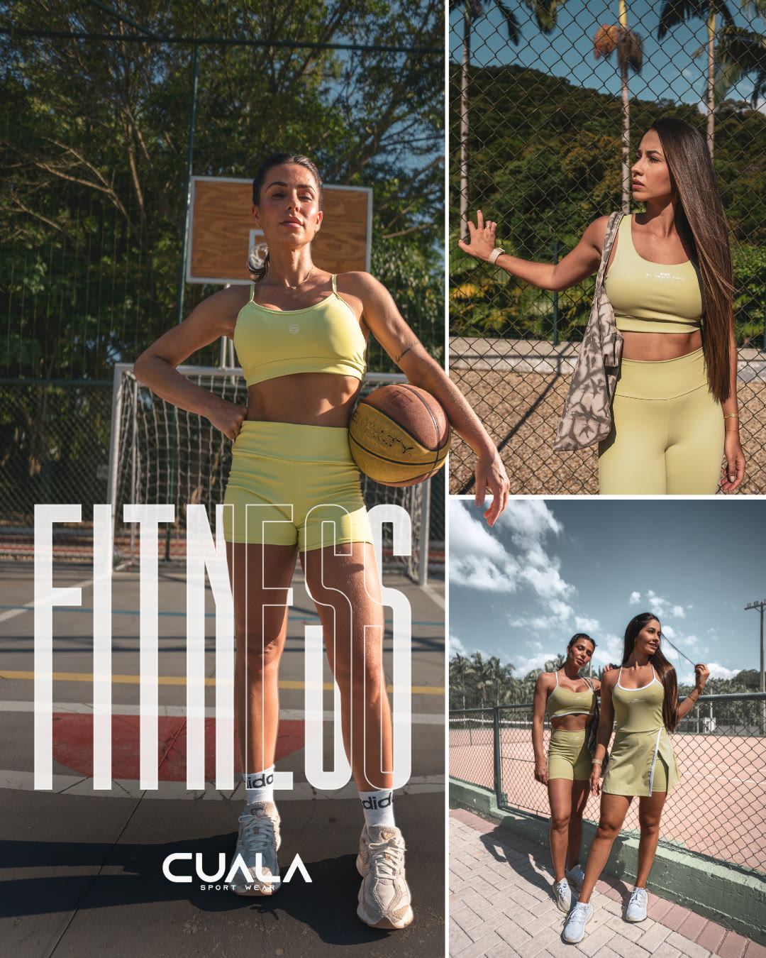 Campanha Fitness da Cuala — modelo com conjunto de top e short em quadra