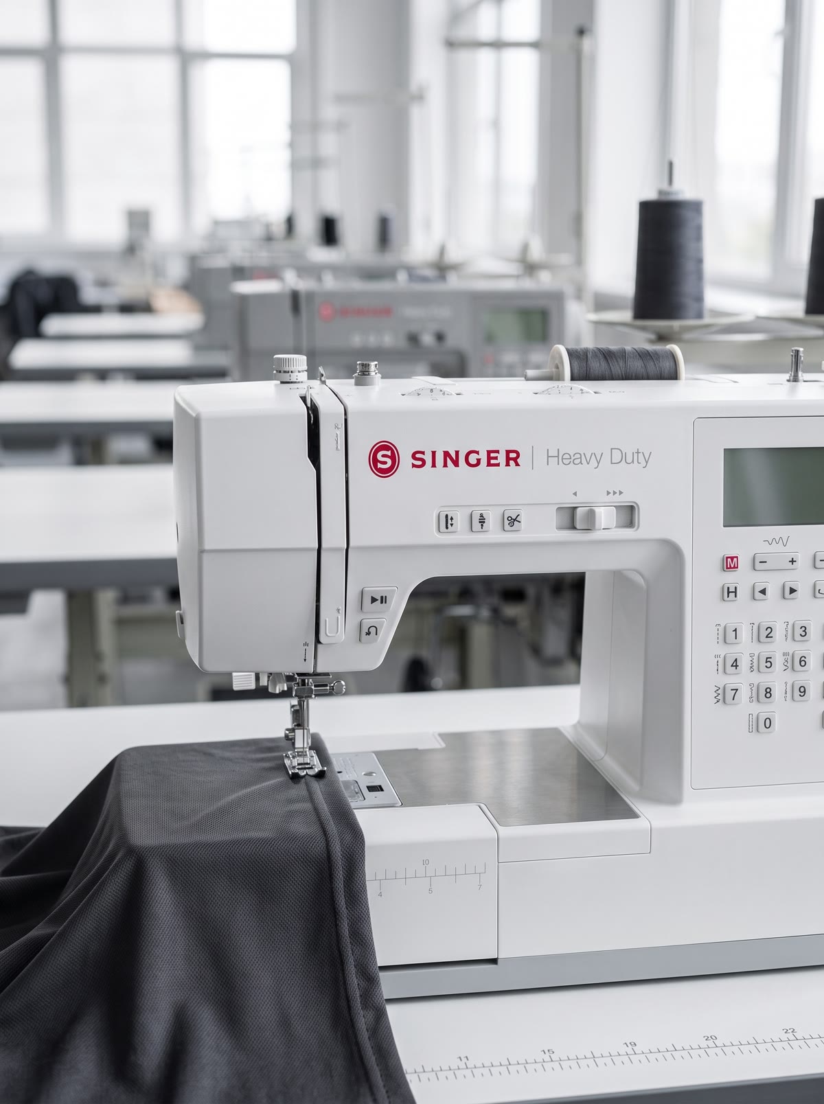 Máquina de costura industrial em operação numa confecção